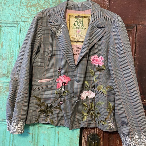 Johnny Was Jackets & Blazers - Johnny Was Gray Plaid Blazer with Pink Floral Embroidery